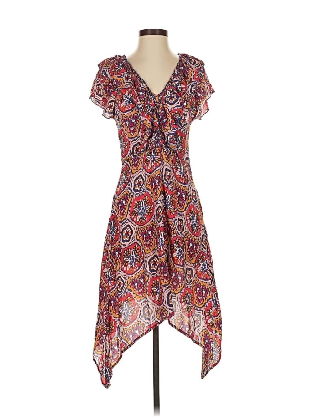 Antik Batik Red Multi Medallion Ruffle-Front Midi Dress 36 XS